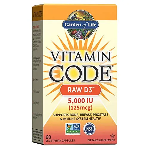 Garden of Life Vitamin D, Vitamin Code Raw D3, Vitamin D 5,000 IU, Raw Whole Food Vitamin D Supplements with Chlorella, Fruit, Veggies & Probiotics for Bone & Immune Health, 60 Vegetarian Capsules