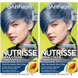 Garnier Nutrisse Ultra Color Nourishing Permanent Hair Color Cream, DN1 Light Cool Denim (2 Count) Blue Hair Dye