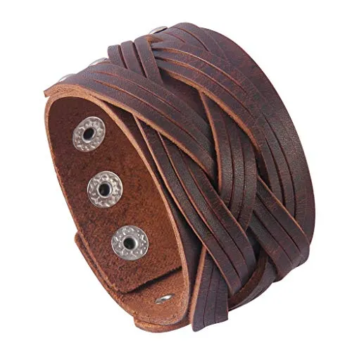 GelConnie Leather Cuff Bracelet Punk Braided Bracelets Rock Leather Wristbands Religious Gothic Adjustable Wrap Bracelet for Men, Women LPB302-Brown