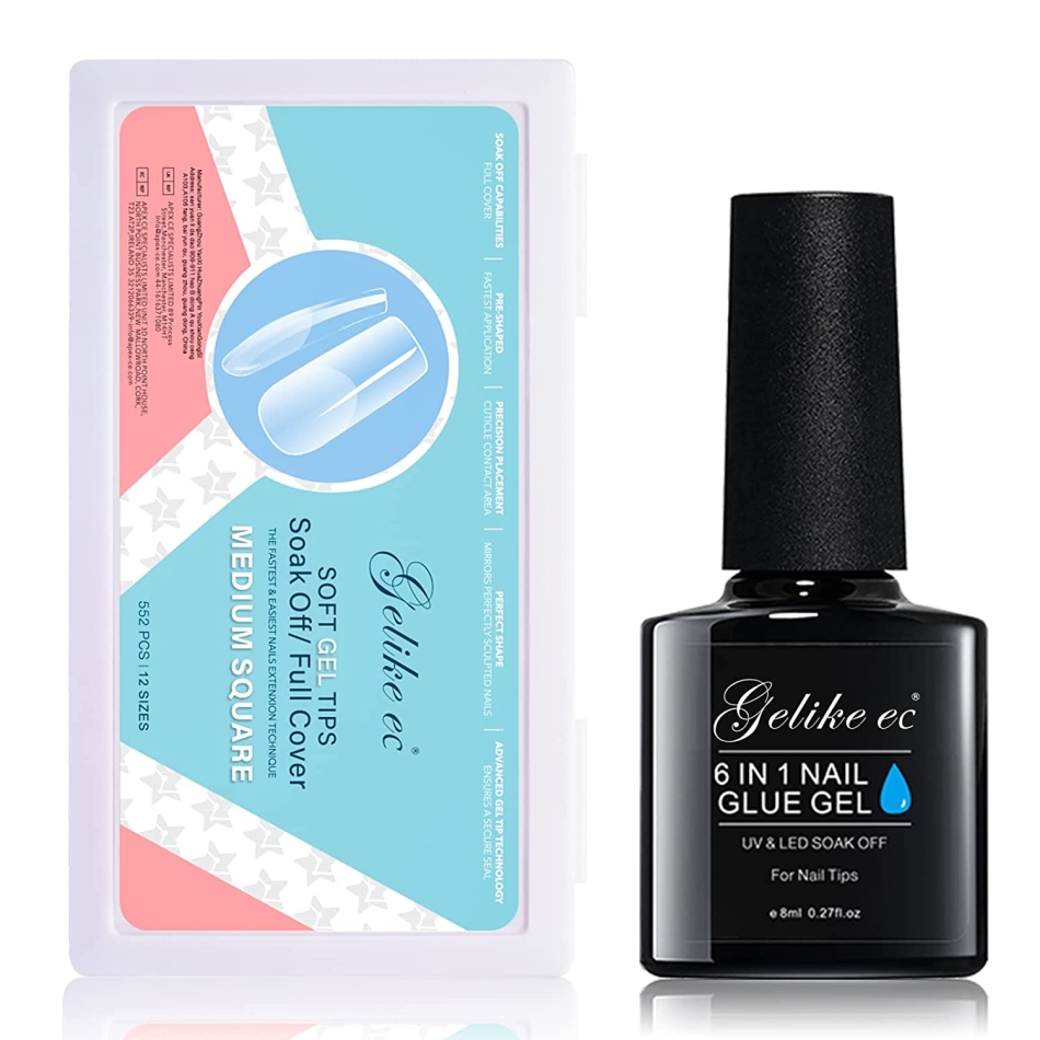 Gelike EC Medium Square Soft Gel Full Cover Tips Kit with 6 in 1 Nail Glue Gel