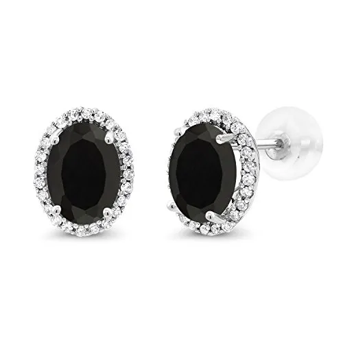 Gem Stone King 10K White Gold Black Onyx and White Diamond Halo Earrings For Women (1.94 Cttw, Gemstone Birthstone, Oval 7X5MM)