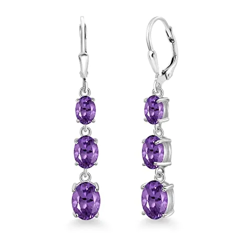 Gem Stone King 925 Sterling Silver Purple Amethyst 3 Stone Dangle Earrings For Women (4.70 Cttw, Gemstone Birthstone, Oval 8X6MM, 7X5MM and 6X4MM)