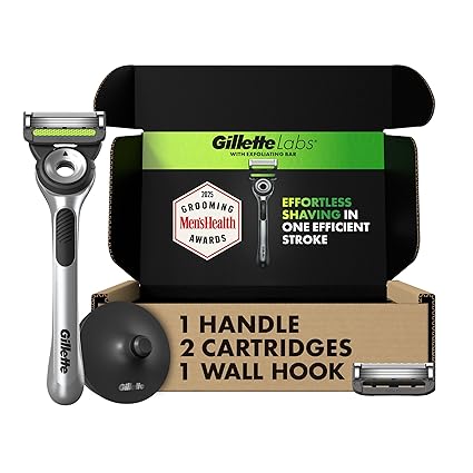Gillette Labs with Exfoliating Bar by Men's Razor Set, 1 Shower Hook, Handle, 2 Blade Refills, Silver and Black, Razors for Men, Mens