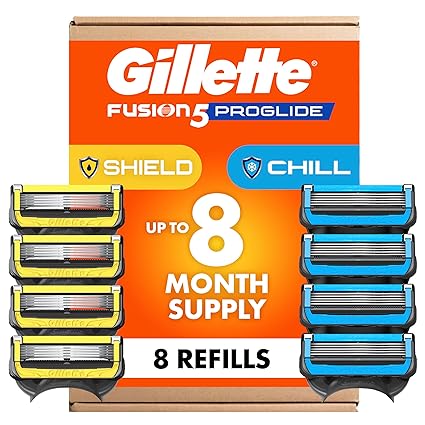 Gillette Mens Razor Blade Refills, 4 ProGlide Chill Cartridges, 4 ProGlide Shield Cartridges, Shields against Skin Irritation, Cools to sooth skin, 8 Count (Pack of 1)