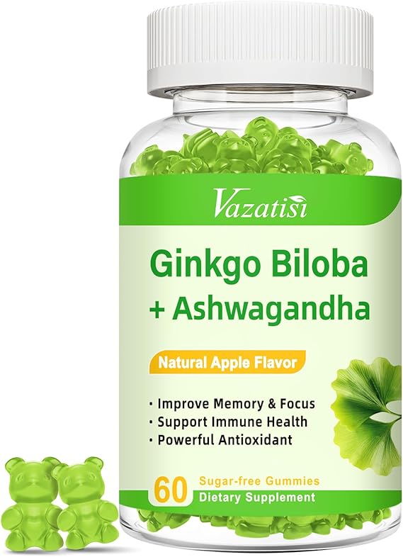 Ginkgo Biloba Gummies 240mg with Panax Ginseng for Better Mood and Focus, Booster Brain Health, 60 Vegan Apple Flavor Gummies
