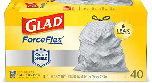 Glad ForceFlex Tall Kitchen Drawstring Trash Bags 13 Gallon Grey Trash Bag, Unscented OdorShield 40 Count (Package May Vary)