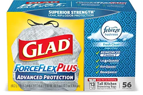 Glad ForceFlexPlusGrey Tall Kitchen Drawstring Trash Bags, 13 Gal, 56 Ct (Package May Vary)