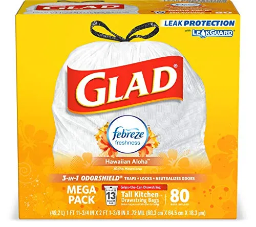Glad Tall Kitchen Drawstring Trash Bags - OdorShield 13 Gallon White Trash Bag, Febreze Hawaiian Aloha - 80 Count (Package May Vary)
