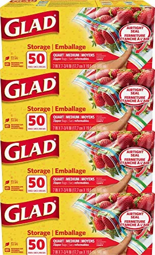 Glad Zipper Food Storage Plastic Bags - Quart - 50 Count, Pack of 4 (Package May Vary)