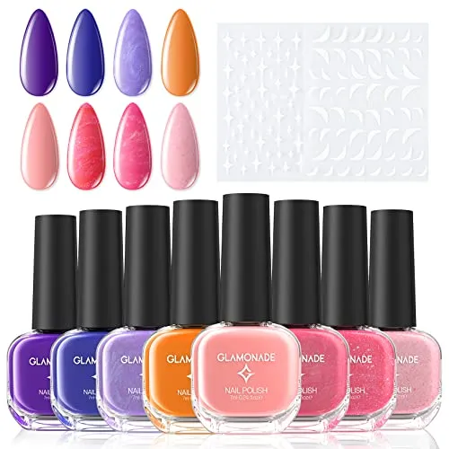 Glamonade Nail Polish Set Non Toxic Water Based Nail Polish Kit-0.24oz 8 Colors Purple Pink Sky Nail Polish Gift for Girls Women Beginners Friendly