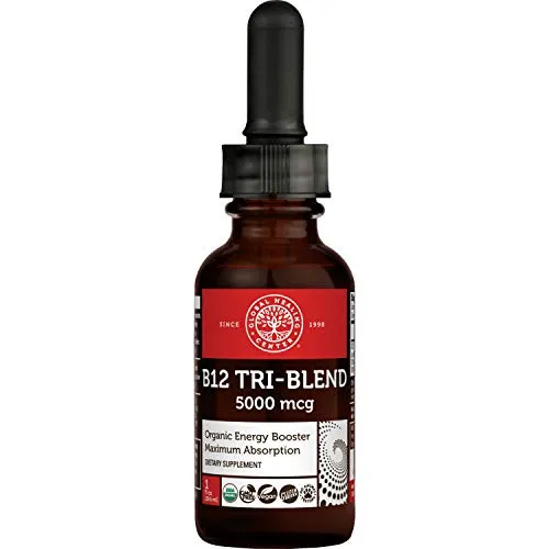 Global Healing Center Tri-Blend B12, 5000 mcg Organic Sublingual Liquid Drops | Methyl, Adenosyl, Hydroxo Blend for Energy, Mood, and Heart Health | 30-Day Supply (1 Fl Oz)