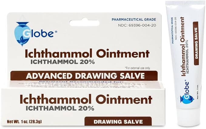 Globe Ichthammol Ointment 20% (Drawing Salve) 1 OZ - Soothing Skin Relief, Treatment of Eczema, Acne, Boils, Splinters, Bee Stings - Maximum Strength