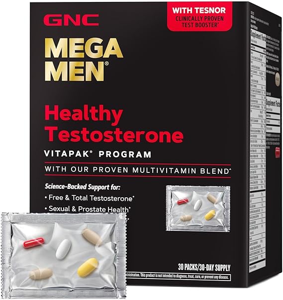 GNC Mega Men Healthy Testosterone Program, Complete Nutrition 4 Products in 1, Boost Free and Total Testosterone, Blood Flow, 30 Daily Packs