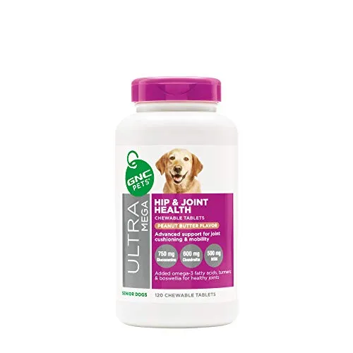 GNC Pets Ultra Mega Hip & Joint Health Chewable Tablets Dog Supplement for Senior Dogs, 120 Count - Peanut Butter Flavor | Advanced Support for Joint Cushioning & Mobility