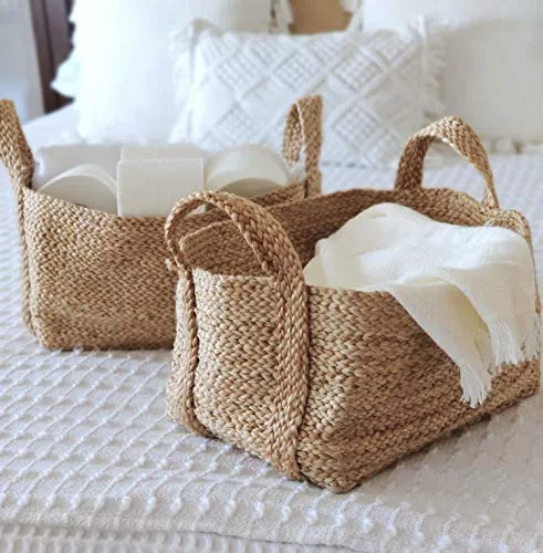 GooBloo Handmade Woven Basket 100 Jute 10 x 7 Set of 2 Storage Basket for Living Room Toys Storage Towels or Nursery Wicker Baskets with Handles Handmade Natural Bathroom Hampers