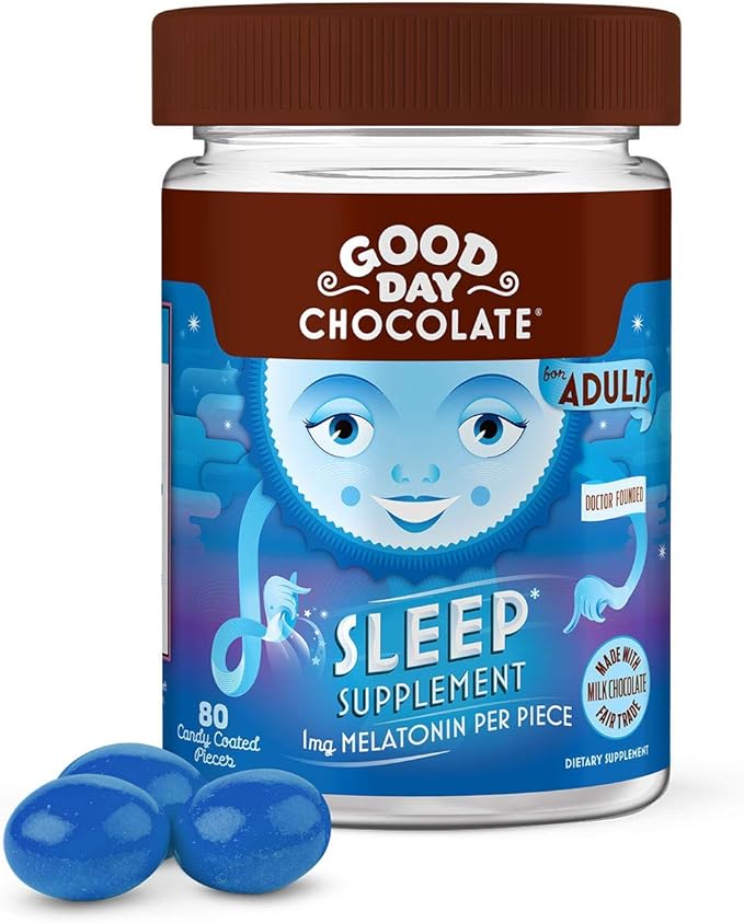 Good Day Chocolate Melatonin for Adults [ 80 Count ] - Fair Trade Non-GMO Chocolate with Chamomile and Melatonin 1 mg - Adult Melatonin, Adult Natural Sleep Aid Supplement