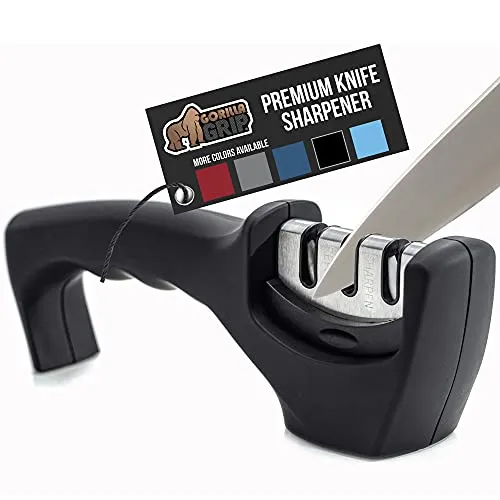 Gorilla Grip Premium Knife Sharpener, Professional Chef 3-Stage Design, Easy Manual Sharpening, Heavy Duty, Safely Restore, Repair, Polish and Sharpen Dull Chef Knives for a Sharp Edge, Jet Black