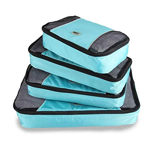 GOX Upgraded 4 Piece Packing Travel Organizer Cubes Set Packing Cubes For Carry On 1 Large 1 Medium 1 Small 1 Slim (Sky blue)