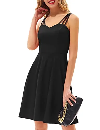 GRACE KARIN Women's Spaghetti Strap Dress V Neck Sleeveless Cocktail Dress Casual Swing A Line Club Party Dresses Black