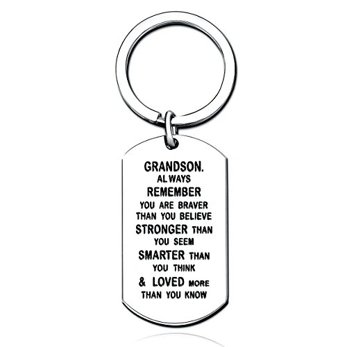 Grandson Key Chain Men Boy Dog Tag You are Braver Strong Smarter Than You Think