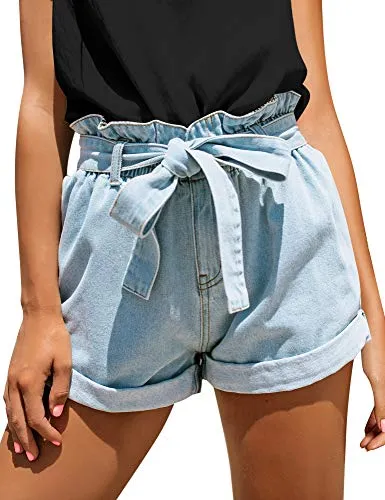 GRAPENT Women's High Waisted Removable Belt Sewn Cuff Wide Leg Denim Jean Shorts Light Blue Size XXL