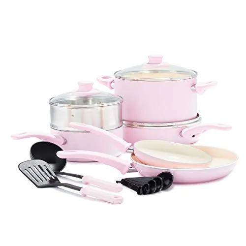 GreenLife Soft Grip Healthy Ceramic Nonstick 12 Piece Cookware Pots and Pans Set, PFAS-Free, Dishwasher Safe, Pink