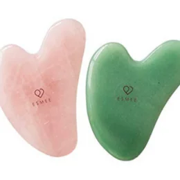 Gua Sha Facial Tool Set by Esmee 2 in 1 Premium Massage Therapy Tools Jade and Rose Quartz Guasha Face Massage Tool Anti-aging Beauty Therapy for Skin Rejuvenation Face Scraping Tools (Heart Shape)