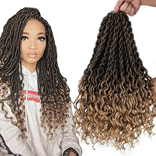 GX Beauty 6Packs/Lot Wavy Faux Locs Braids 20Inch Ombre Faux Locs Crochet Hair with Curly Ends Goddess Crochet Synthetic Braiding Extensions Mixed Color(T1B-27#)