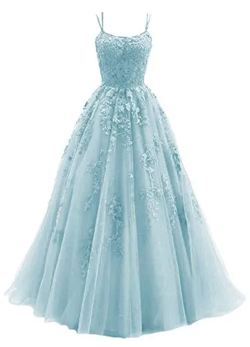 Gyin Prom Dresses Spaghetti Straps Long for Women A-Line Formal Evening Party Gowns with Brush Train Baby Blue Size 6