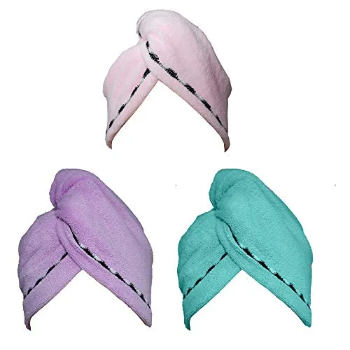 Hair Towel Wrap Turban 3 Pack Super Absorbent Microfiber Quick Dry Hair Turban Wrap, Dry Hair Hat, Wrapped Bath Cap with Lace Grooming 26inch/10inch