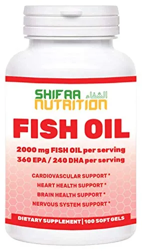Halal Fish Oil 2000mg Softgels with 360mg EPA & 240mg DHA. 100 Wild Caught & Non-GMO Omega 3 Softgels for Heart & Brain Health. Burpless, Easy-to-Swallow Fish Oil Omega 3 Supplements