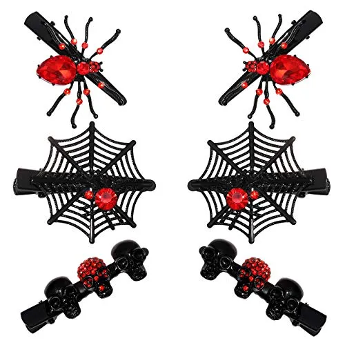 Halloween Hair Clips for Women Girls Gothic Skull Hair Clip Red Crystal Spider Web Hairpins Halloween Cosplay Costume Party Hair Accessory Gifts