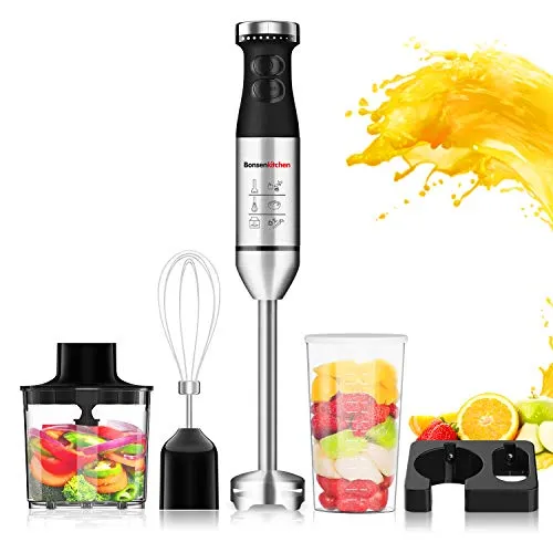 Hand Blender 5-in-1,Stainless Steel 9-Speed Immersion Blender with Wall Mounted Bracket, Food Grinderï¿½Bowl, Measuring Mug, Egg Whisk for Smoothies,Infant Food,Sauces,Soups,Puree