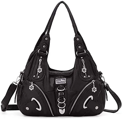 Handbag Hobo Women Bag Roomy Multiple Pockets Street ladies' Shoulder Bag Fashion PU Tote Satchel Bag for Women (11282-8521#1BLACK)