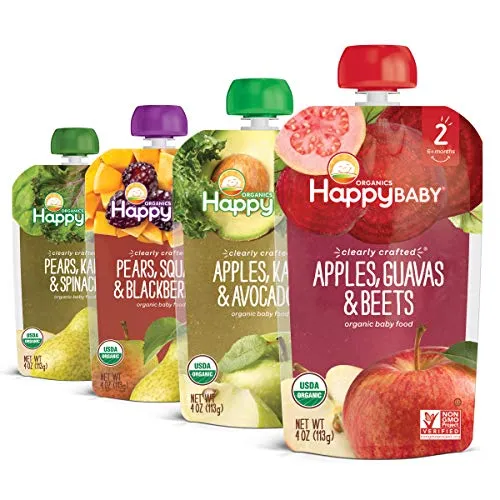 Happy Baby Organics Stage 2 Baby Food Pouches, Gluten Free, Vegan & Healthy Snack, Clearly Crafted Fruit & Veggie Puree, Fruit & Veggie Variety Pack, 4 Ounces (Pack of 16), Amazon Exclusive