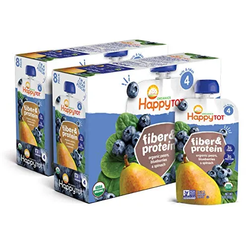 Happy Tot Organics Stage 4 Baby Food Pouches, Gluten Free, Vegan Snack, Fiber & Protein Fruit & Veggie Puree, Pears, Blueberries & Spinach, 4 Ounce (Pack of 16)