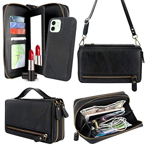 Harryshell Compatible with iPhone 12 / iPhone 12 Pro Case Wallet Multi Zipper Detachable Magnetic Cover Clutch Purse with Card Slots Mirror Crossbody Chain Wrist Strap (Black)