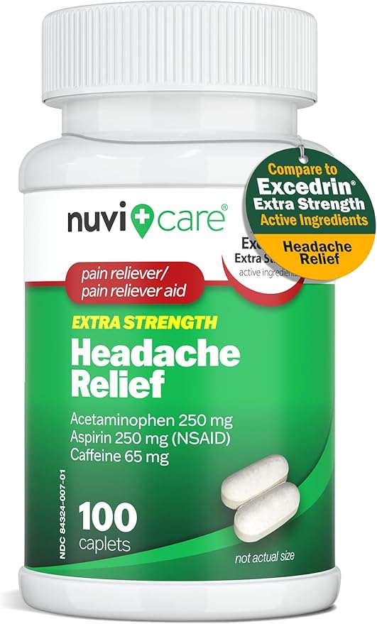 Headache Relief with Acetaminophen 250 mg, Aspirin (NSAID) 250 mg, Caffeine 65 mg - Temporary Relief of Minor Aches & Pains - Compare to Excedrin Extra Strength Pain Reliever (100 Caplets)