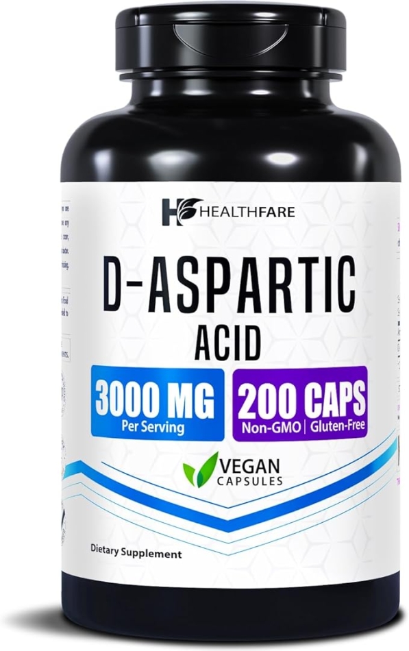 Healthfare (DAA D-Aspartic Acid Supplement for Men & Women | 3000mg High Potency Amino Acid | 200 Capsules | Non-GMO, Gluten-Free, Vegan Supplement | Made in USA