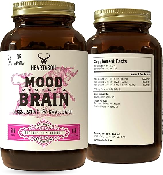 HEART & SOIL  100% Grass Fed & Finished Beef Brain Supplement from Regenerative Cattle  for Cognitive Function & Memory  3000mg Focus Supplement with Beef Organs  Glass Bottle  180 Capsules