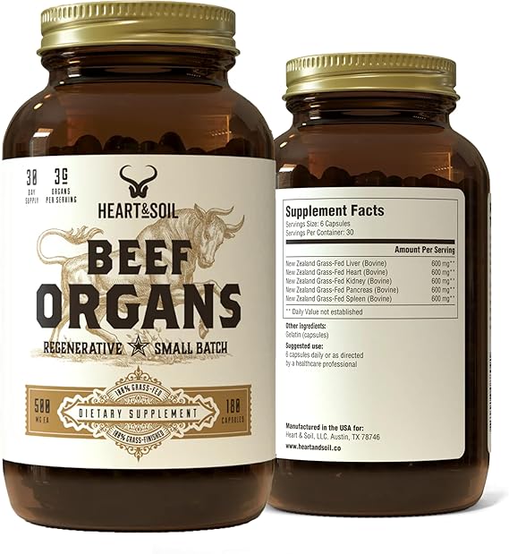 HEART & SOIL 100% Grass Fed & Finished Beef Organs from Regenerative Cattle with Liver, Heart, Kidney, Pancreas & Spleen  3000mg Beef Organ Supplement for Women & Men Glass Bottle 180 Capsules