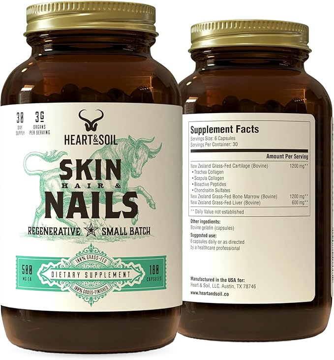 Heart & Soil  100% Grass Fed & Finished Hair Skin and Nails Supplement from Regenerative Cattle with Cartilage, Liver, & Bone Marrow  3000mg Beef Organs for Women & Men Glass Bottle  180 Capsules