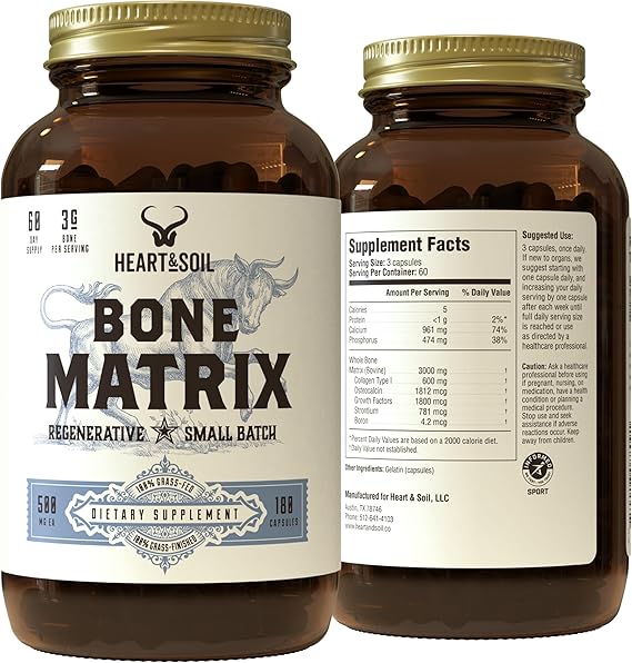 HEART & SOIL Grass Fed Bone Matrix  Supports Bone and Joint Health, Strength, and Flexibility (180 Capsules) | Supports Bone and Joint Health, Supports Strength, Supports Flexibility