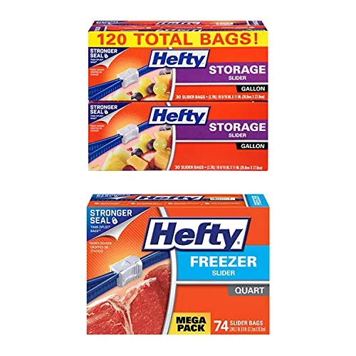 Hefty Slider Storage Bags - Gallon Size, 4 Boxes of 30 Bags (120 Total) with 74 Freezer Bags