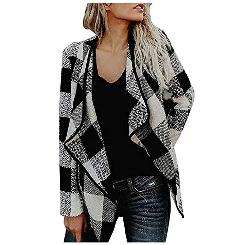 Hemlock Women Plaid Lapel Open Front Cardigan Trench Coat Plaid Wool Jacket Fall Winter Coat Belt Tench Jacket Short Outwear Black