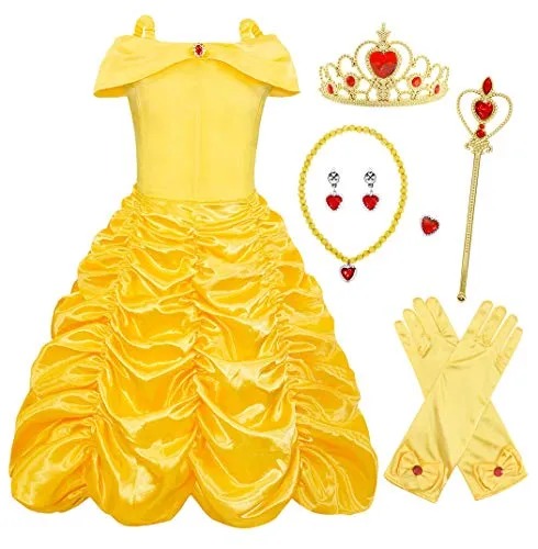 HenzWorld Girls Clothes Costume Dress Princess Birthday Fairy Tale Party Supplies Cosplay Outfits Jewelry Accessories Set Gloves Yellow Off Shoulder Layered Skirt Little Kids 8-9 Years