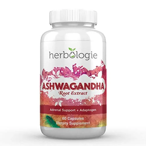 Herbologie 100% Pure Ashwagandha Root Extract Capsules - 1000 mg Serving, Natural Adrenal Support for Stress & Cortisol Management, Supplements for Energy & Brain Health, 60 Count