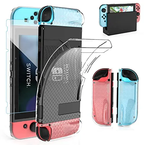 HEYSTOP Case Compatible with Nintendo Switch, Dockable Soft TPU Protective Case Cover for Nintendo Switch with Switch Tempered Glass Screen Protector and 6 Thumb Grip Caps