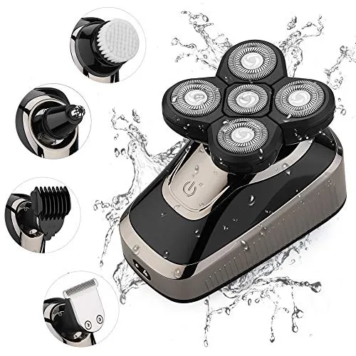 Hieha Electric Razor for Men Head Shavers Bald Men Grooming Kit, 5D Beard Trimmer Cordless Rechargeable Wet Dry Rotary Shaver with Clippers Nose Hair Trimmer Facial Cleansing Brush, IPX7 Waterproof