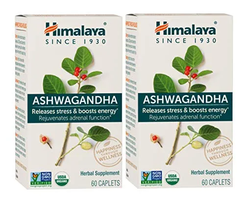 Himalaya Organic Ashwagandha, Natural Stress & Anxiety Relief, Energy Supplement, 670 mg, 60 Caplets, 4 Month Supply, 2 Pack